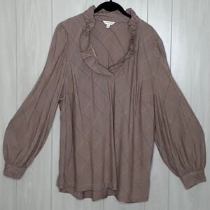 Crown Ivy Brown Pink Green Long Sleeve Top Frilly Collar Size 3x